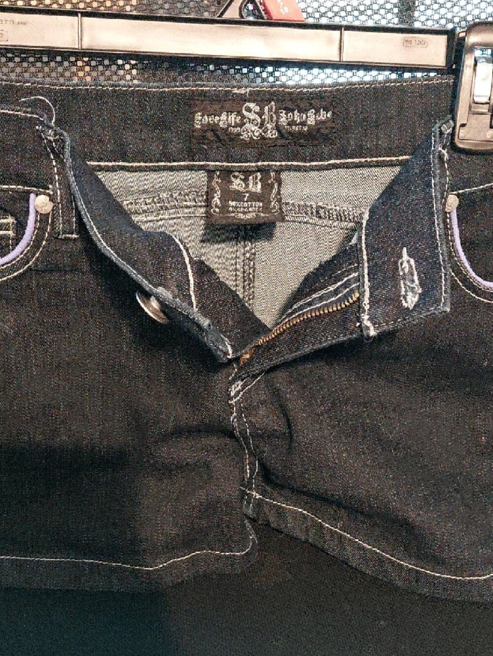 Affliction Black Denim Shorts with Purple Stitching and Heart Zip Pockets